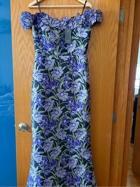 Theia Off the Shoulder Floral Gown with Purple Embroidery